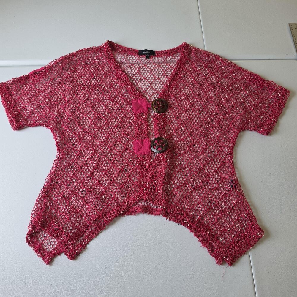 Kaktus Cardigan Sweater Womens Large Pink Crochet Open Knit Art Wear lagenlook